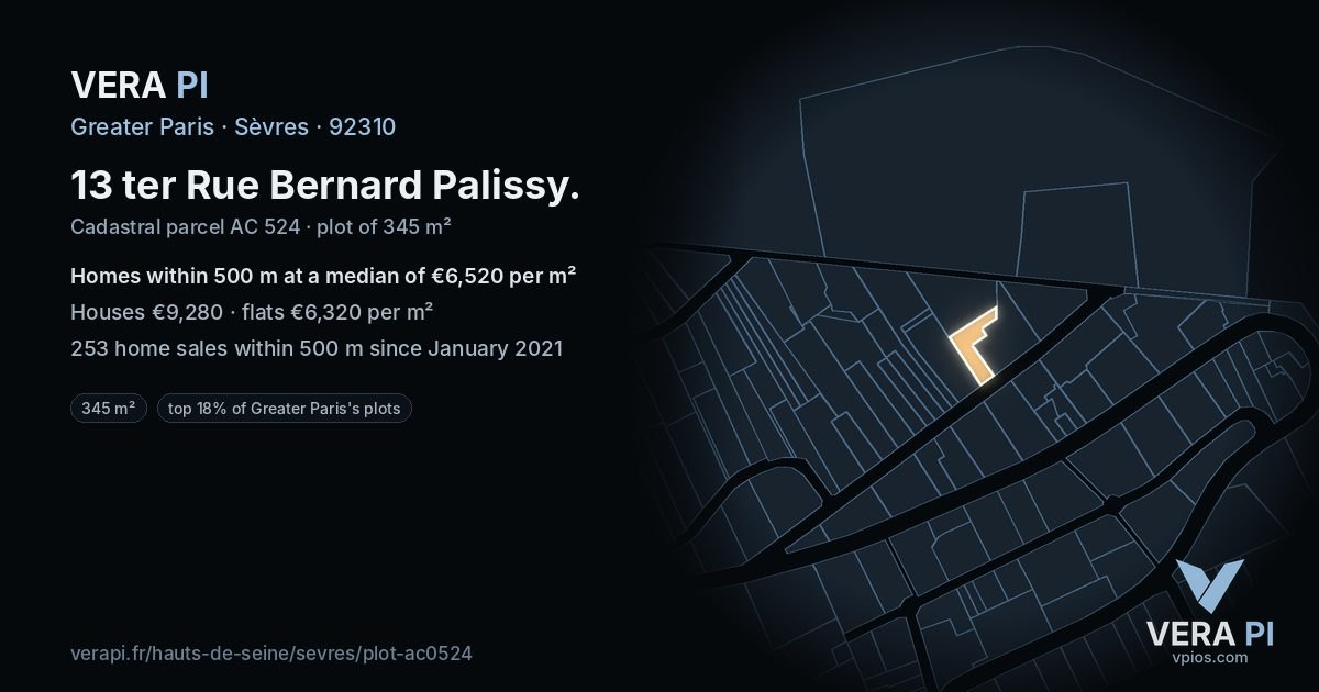 13 ter Rue Bernard Palissy, Sèvres at night – the plot lit, the parcels around coloured by the prices near them