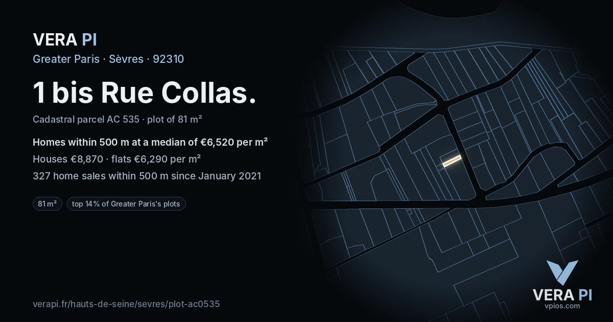 1 bis Rue Collas, Sèvres at night – the plot lit, the parcels around coloured by the prices near them