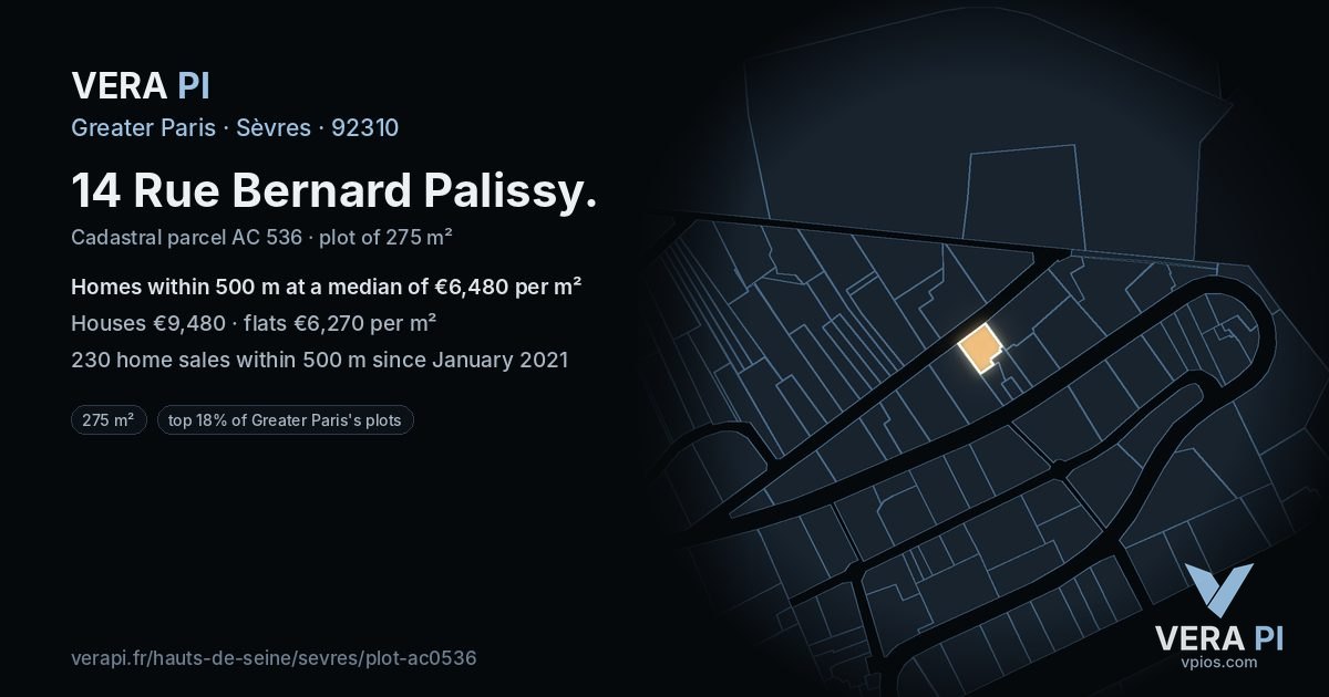 14 Rue Bernard Palissy, Sèvres at night – the plot lit, the parcels around coloured by the prices near them