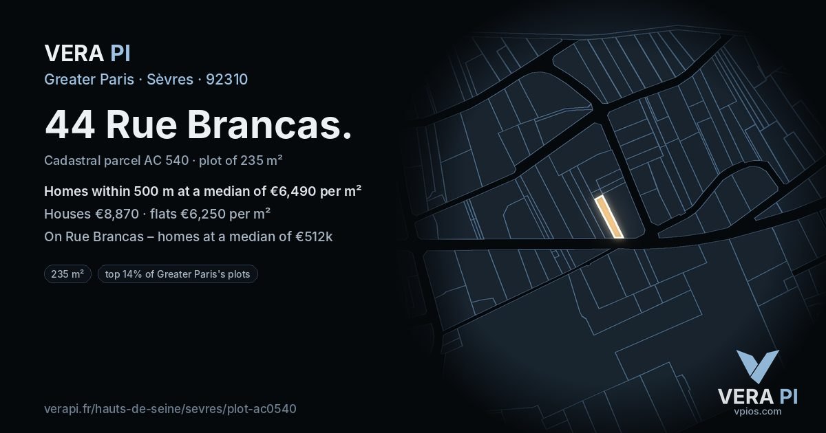 44 Rue Brancas, Sèvres at night – the plot lit, the parcels around coloured by the prices near them