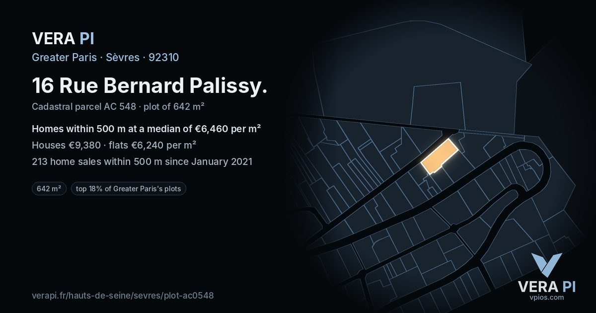 16 Rue Bernard Palissy, Sèvres at night – the plot lit, the parcels around coloured by the prices near them