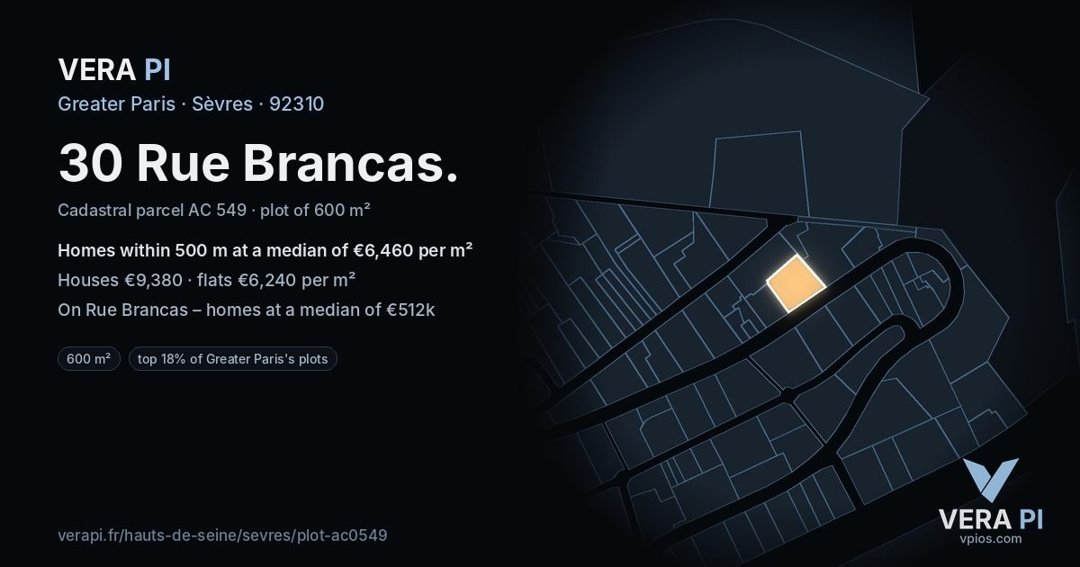 30 Rue Brancas, Sèvres at night – the plot lit, the parcels around coloured by the prices near them