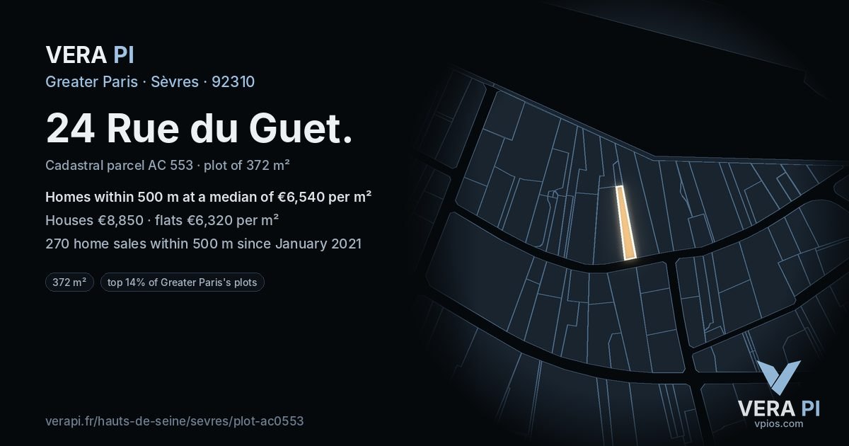 24 Rue du Guet, Sèvres at night – the plot lit, the parcels around coloured by the prices near them