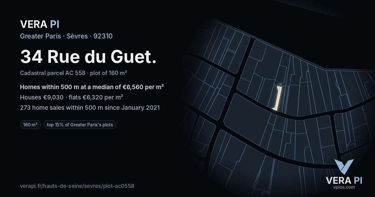 34 Rue du Guet, Sèvres at night – the plot lit, the parcels around coloured by the prices near them