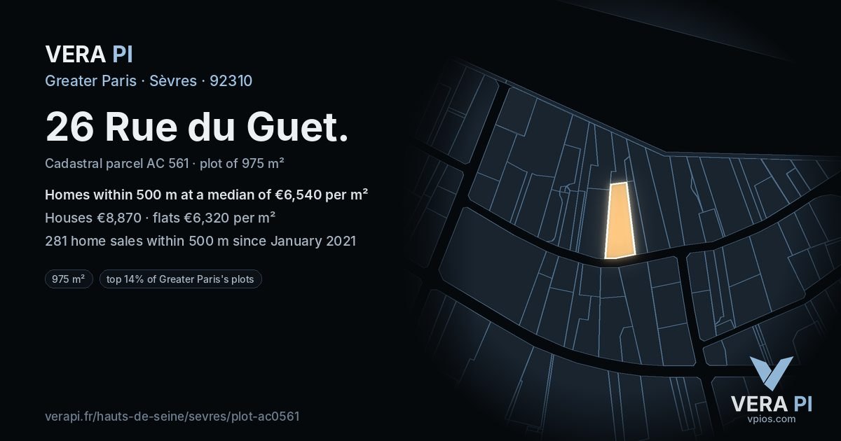 26 Rue du Guet, Sèvres at night – the plot lit, the parcels around coloured by the prices near them