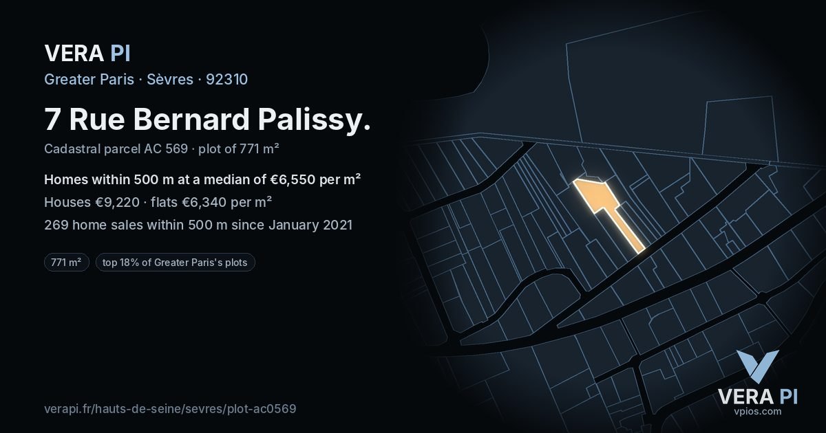 7 Rue Bernard Palissy, Sèvres at night – the plot lit, the parcels around coloured by the prices near them