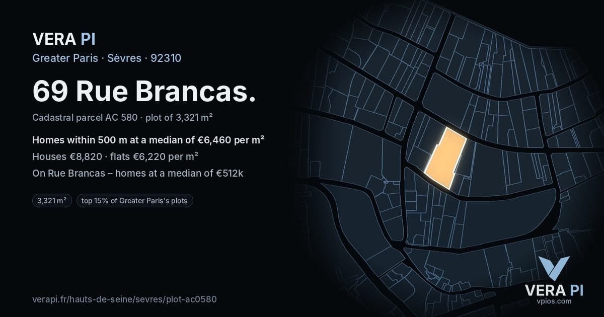 69 Rue Brancas, Sèvres at night – the plot lit, the parcels around coloured by the prices near them