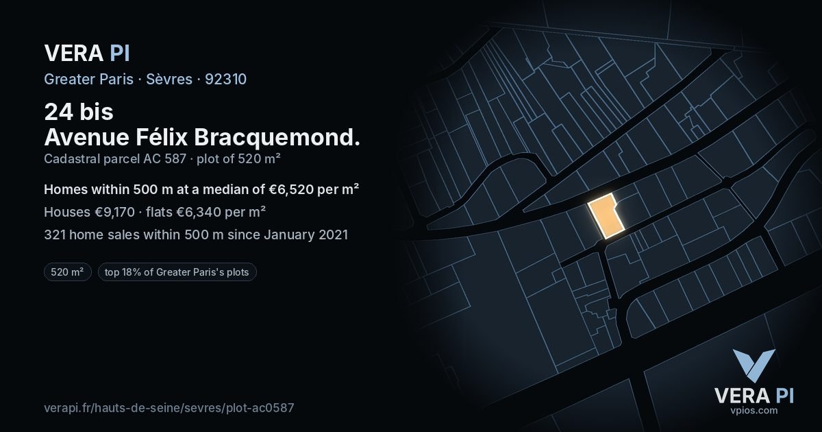 24 bis Avenue Félix Bracquemond, Sèvres at night – the plot lit, the parcels around coloured by the prices near them