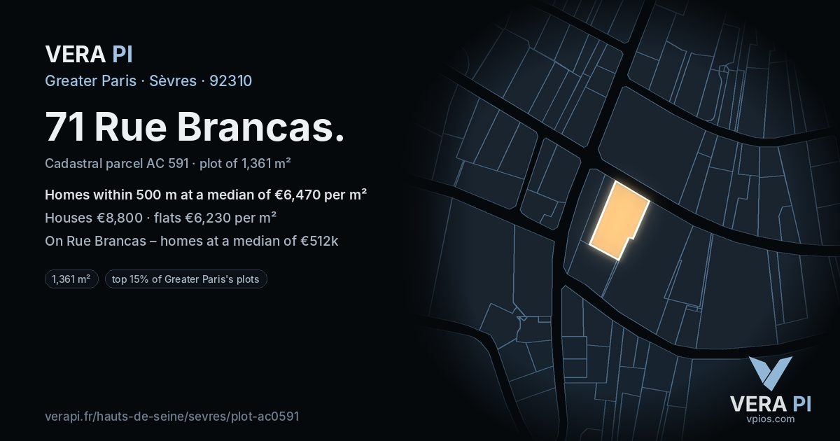 71 Rue Brancas, Sèvres at night – the plot lit, the parcels around coloured by the prices near them