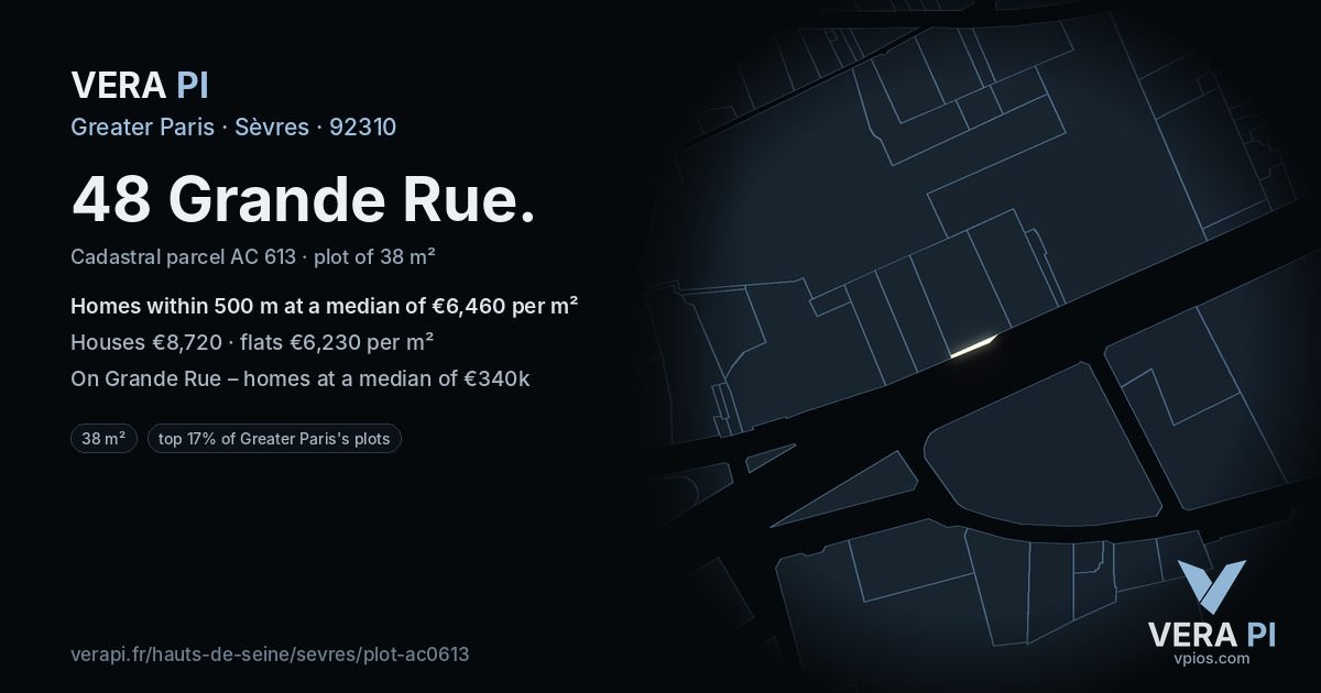 48 Grande Rue, Sèvres at night – the plot lit, the parcels around coloured by the prices near them