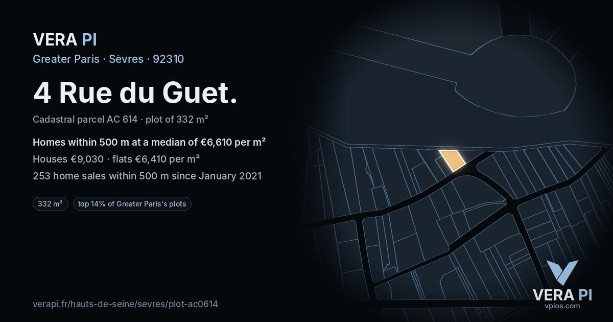4 Rue du Guet, Sèvres at night – the plot lit, the parcels around coloured by the prices near them