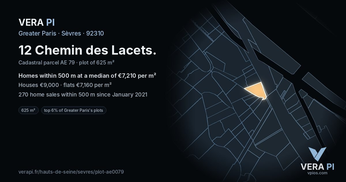 12 Chemin des Lacets, Sèvres at night – the plot lit, the parcels around coloured by the prices near them
