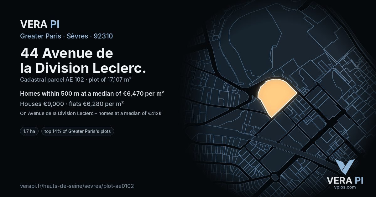 44 Avenue de la Division Leclerc, Sèvres at night – the plot lit, the parcels around coloured by the prices near them