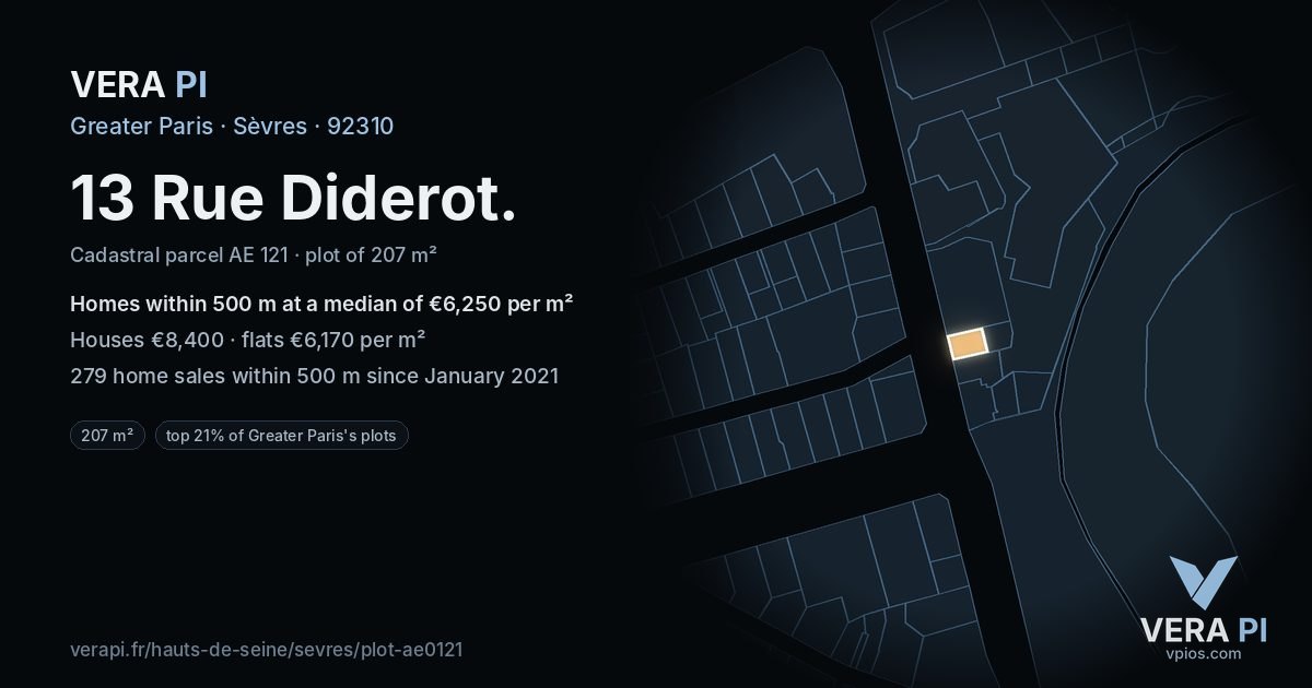 13 Rue Diderot, Sèvres at night – the plot lit, the parcels around coloured by the prices near them