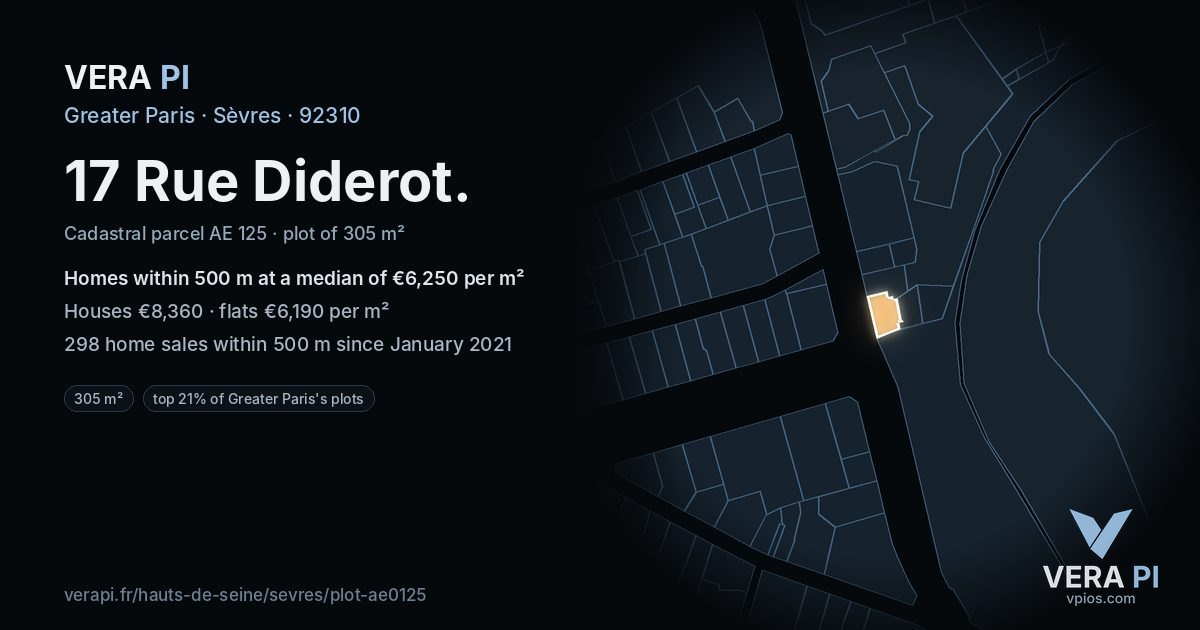 17 Rue Diderot, Sèvres at night – the plot lit, the parcels around coloured by the prices near them