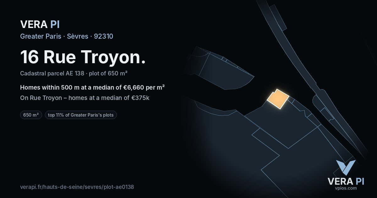 16 Rue Troyon, Sèvres at night – the plot lit, the parcels around coloured by the prices near them