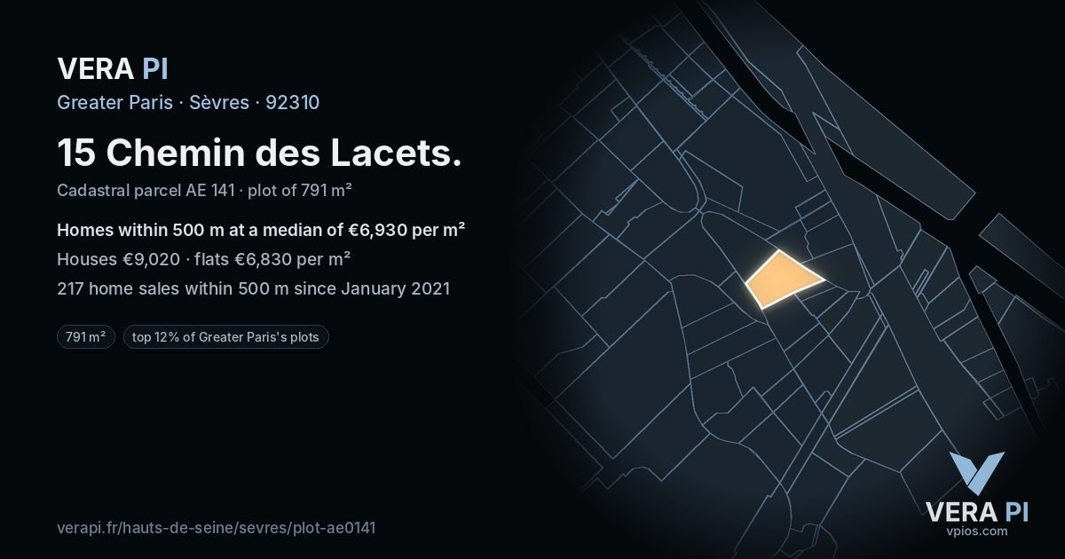 15 Chemin des Lacets, Sèvres at night – the plot lit, the parcels around coloured by the prices near them