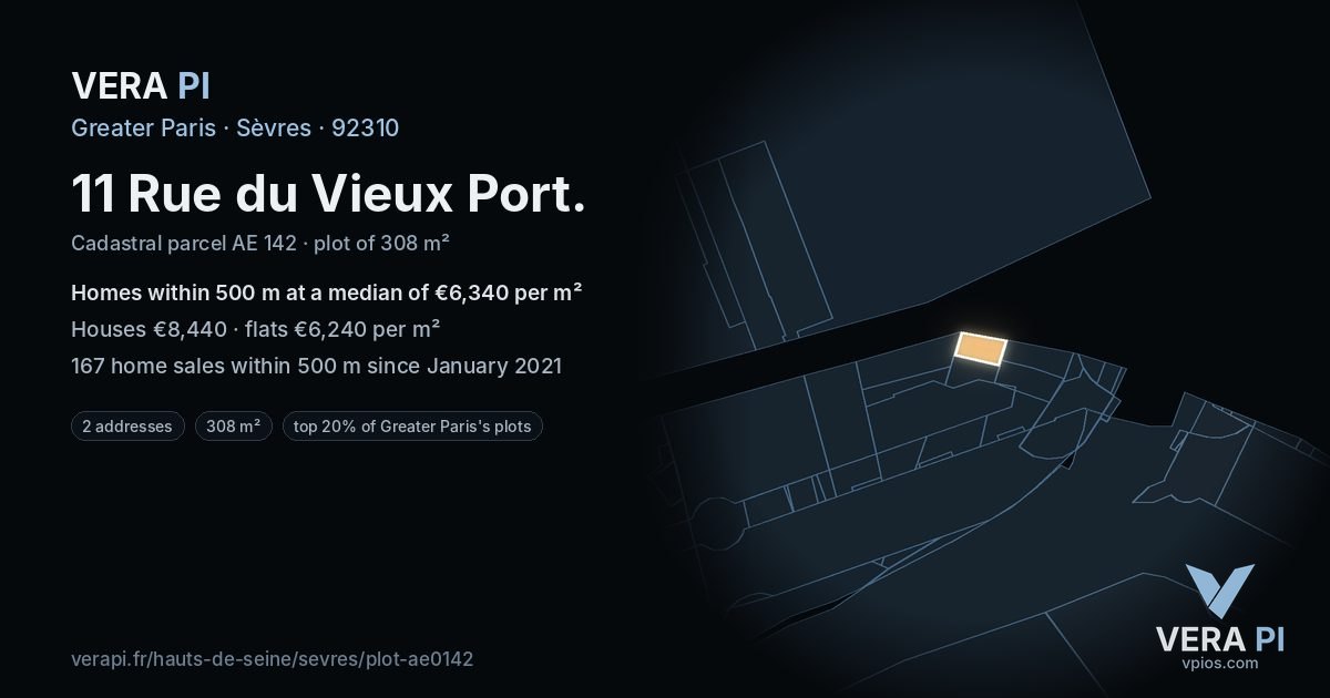 11 Rue du Vieux Port, Sèvres at night – the plot lit, the parcels around coloured by the prices near them