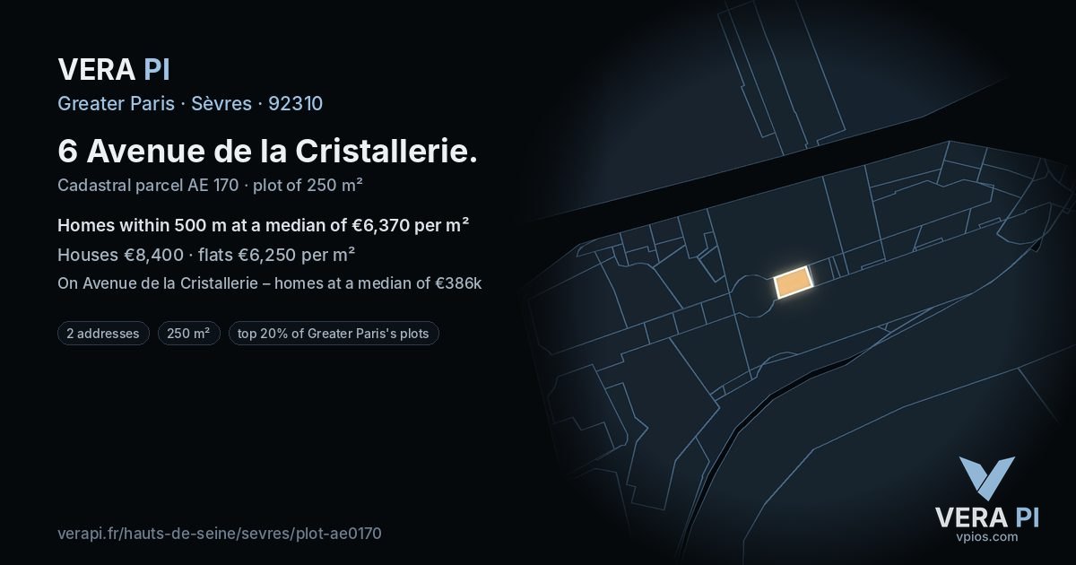 6 Avenue de la Cristallerie, Sèvres at night – the plot lit, the parcels around coloured by the prices near them