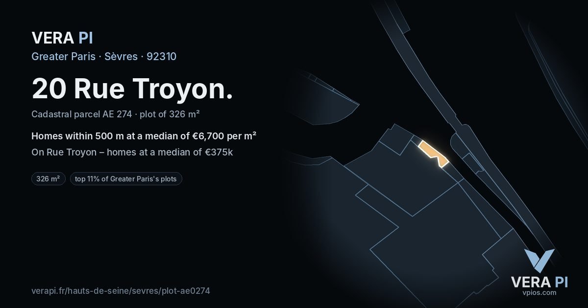 20 Rue Troyon, Sèvres at night – the plot lit, the parcels around coloured by the prices near them