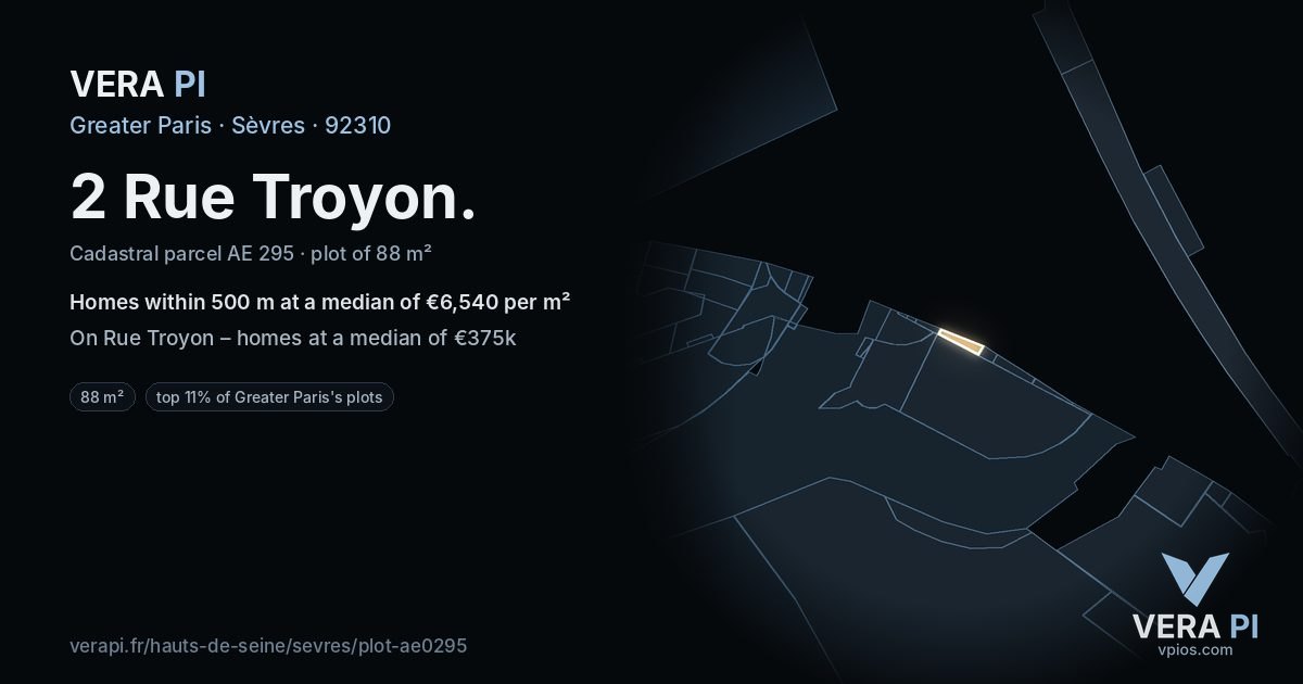 2 Rue Troyon, Sèvres at night – the plot lit, the parcels around coloured by the prices near them