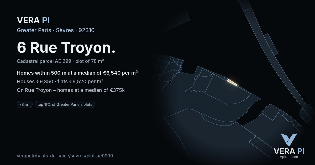 6 Rue Troyon, Sèvres at night – the plot lit, the parcels around coloured by the prices near them