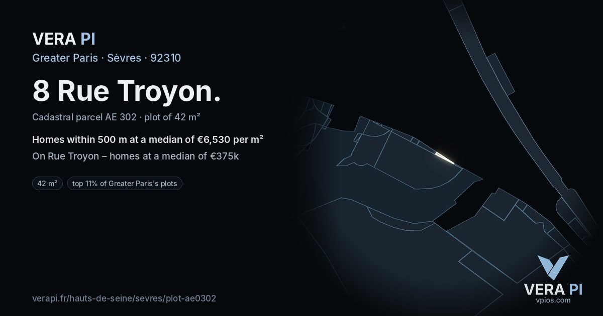 8 Rue Troyon, Sèvres at night – the plot lit, the parcels around coloured by the prices near them