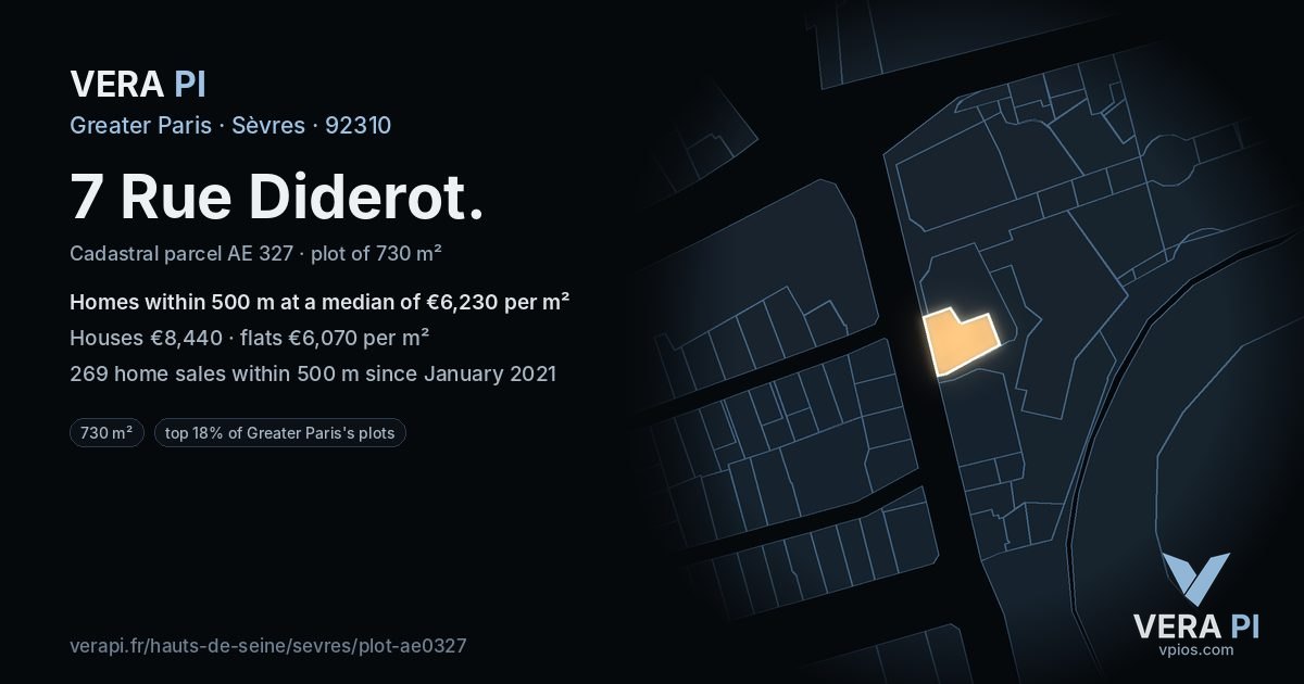 7 Rue Diderot, Sèvres at night – the plot lit, the parcels around coloured by the prices near them