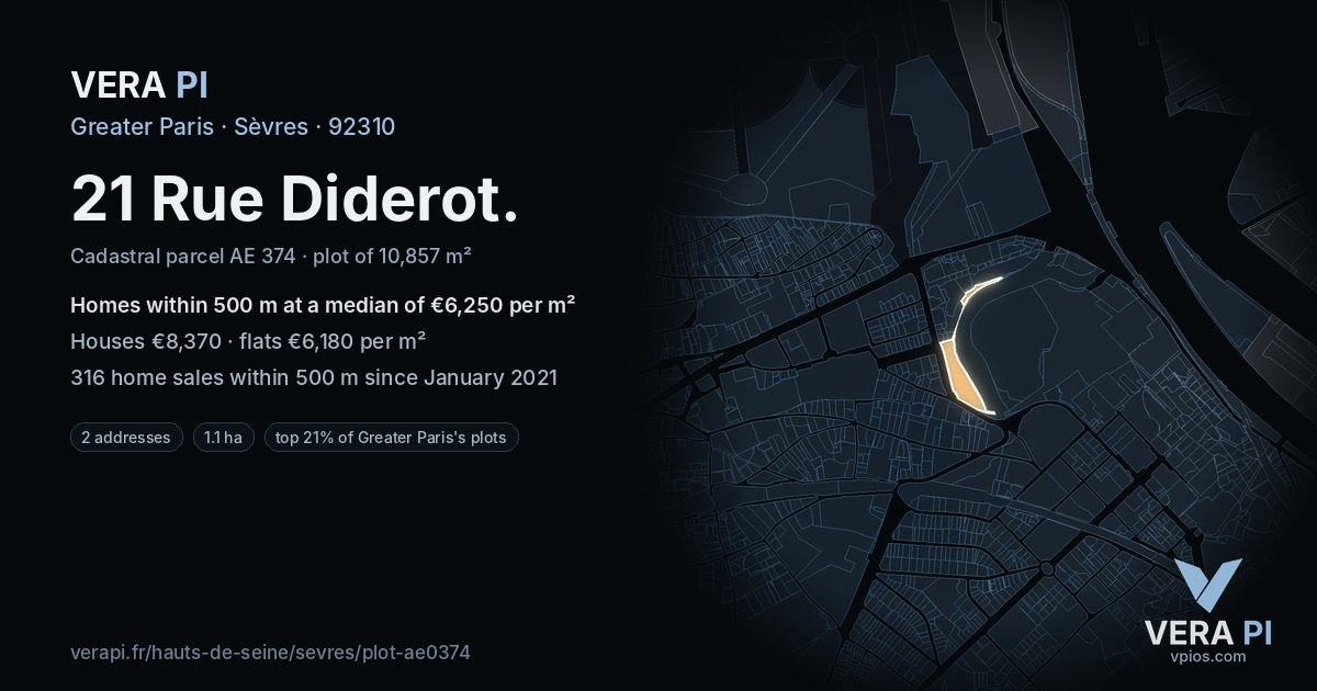 21 Rue Diderot, Sèvres at night – the plot lit, the parcels around coloured by the prices near them