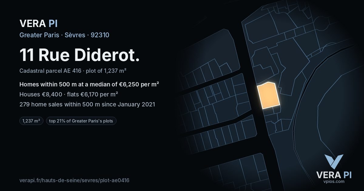 11 Rue Diderot, Sèvres at night – the plot lit, the parcels around coloured by the prices near them