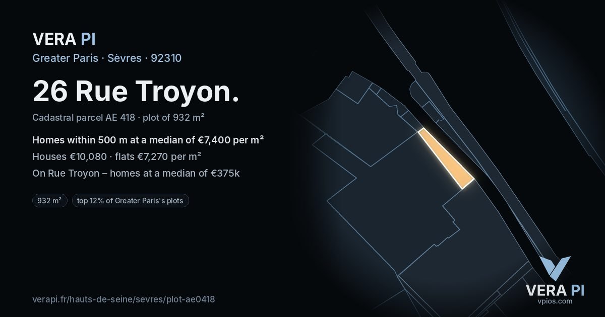 26 Rue Troyon, Sèvres at night – the plot lit, the parcels around coloured by the prices near them