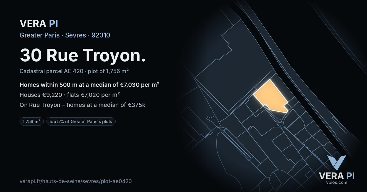 30 Rue Troyon, Sèvres at night – the plot lit, the parcels around coloured by the prices near them
