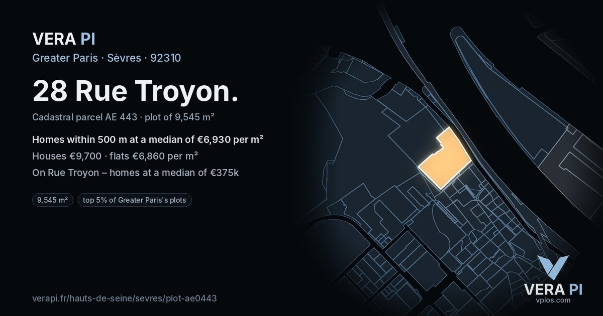 28 Rue Troyon, Sèvres at night – the plot lit, the parcels around coloured by the prices near them