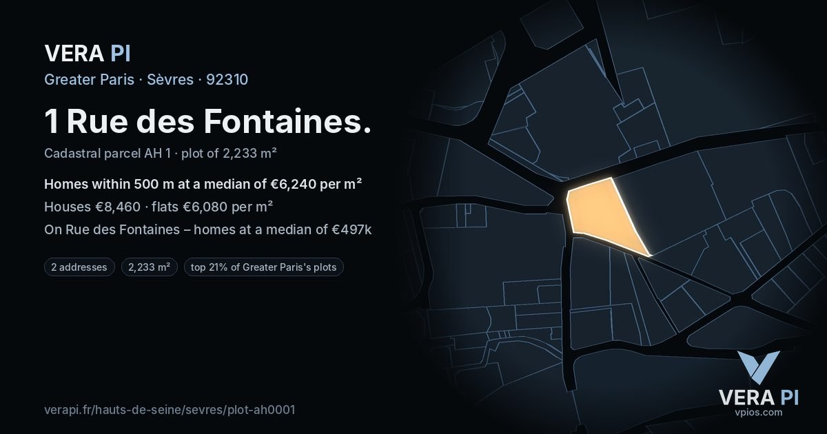1 Rue des Fontaines, Sèvres at night – the plot lit, the parcels around coloured by the prices near them