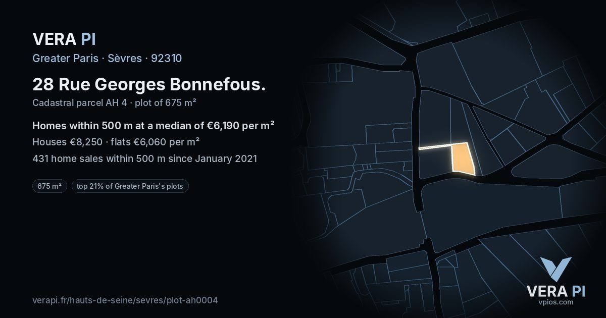 28 Rue Georges Bonnefous, Sèvres at night – the plot lit, the parcels around coloured by the prices near them
