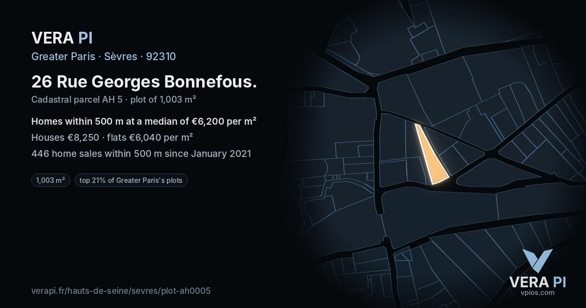 26 Rue Georges Bonnefous, Sèvres at night – the plot lit, the parcels around coloured by the prices near them