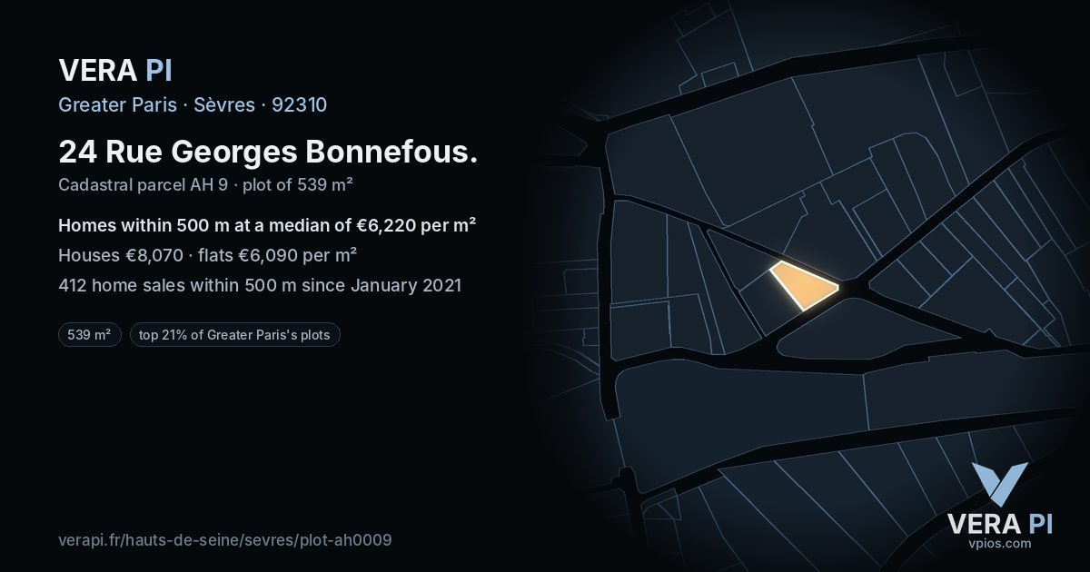 24 Rue Georges Bonnefous, Sèvres at night – the plot lit, the parcels around coloured by the prices near them