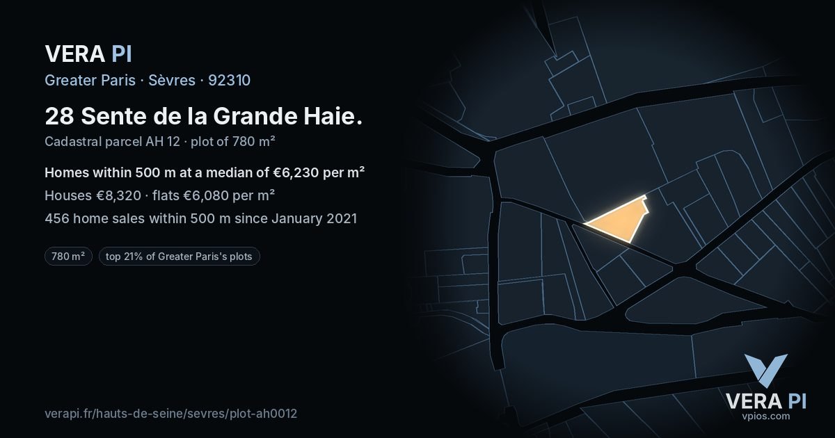 28 Sente de la Grande Haie, Sèvres at night – the plot lit, the parcels around coloured by the prices near them