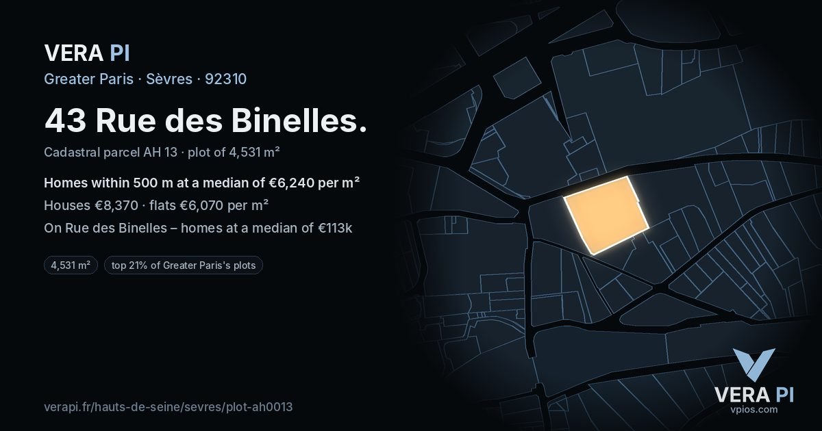 43 Rue des Binelles, Sèvres at night – the plot lit, the parcels around coloured by the prices near them