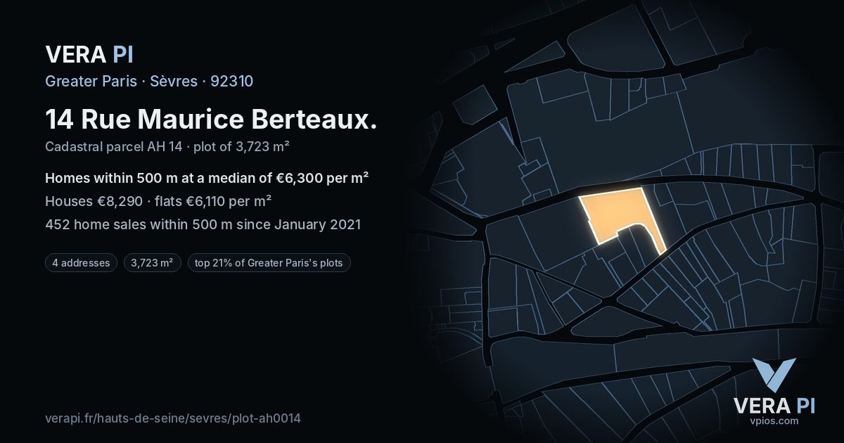 14 Rue Maurice Berteaux, Sèvres at night – the plot lit, the parcels around coloured by the prices near them