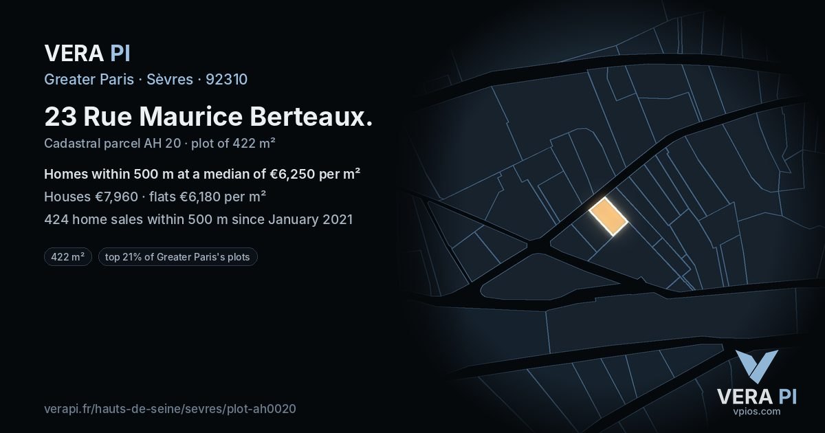 23 Rue Maurice Berteaux, Sèvres at night – the plot lit, the parcels around coloured by the prices near them