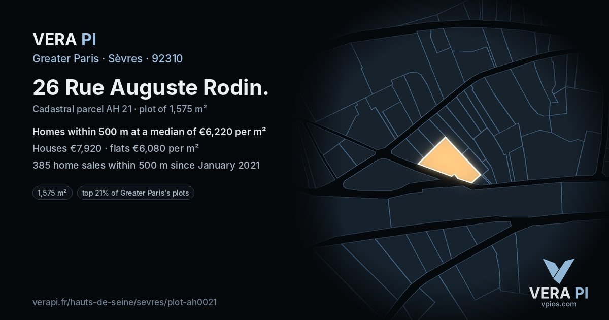 26 Rue Auguste Rodin, Sèvres at night – the plot lit, the parcels around coloured by the prices near them
