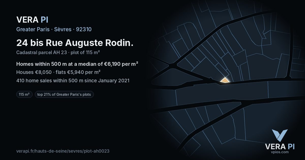 24 bis Rue Auguste Rodin, Sèvres at night – the plot lit, the parcels around coloured by the prices near them