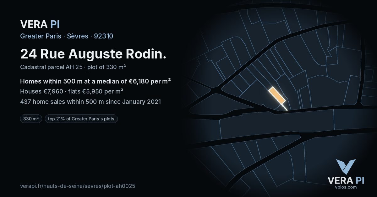 24 Rue Auguste Rodin, Sèvres at night – the plot lit, the parcels around coloured by the prices near them