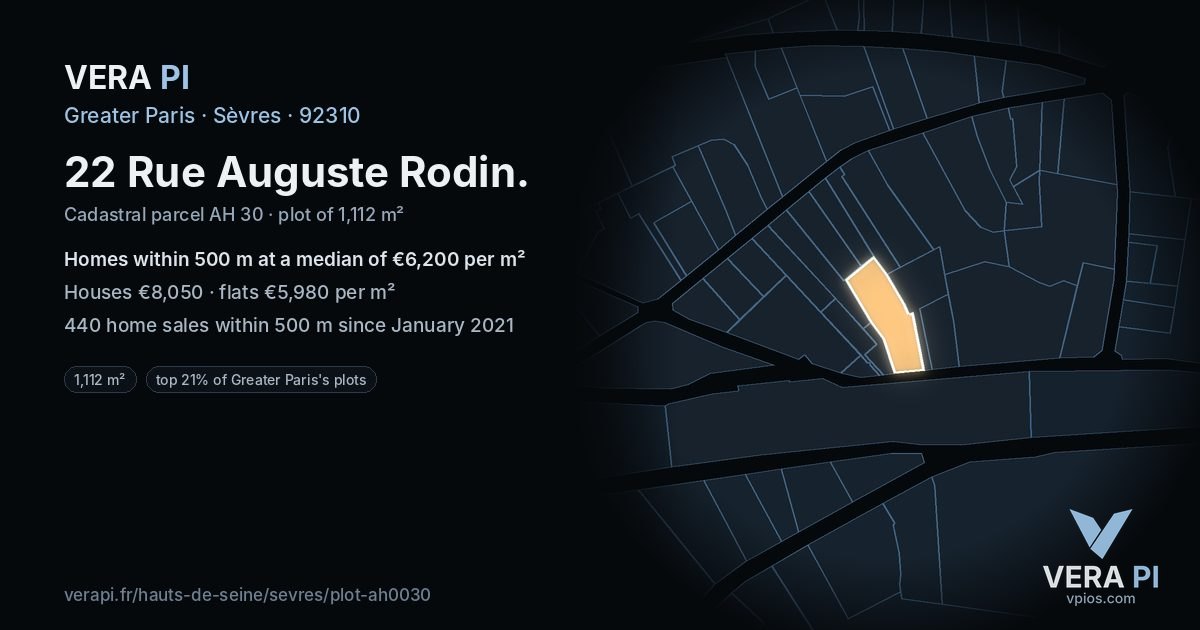 22 Rue Auguste Rodin, Sèvres at night – the plot lit, the parcels around coloured by the prices near them