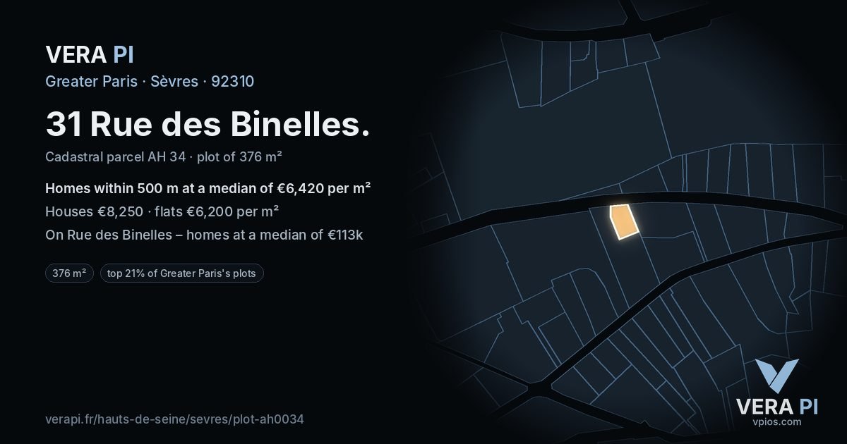 31 Rue des Binelles, Sèvres at night – the plot lit, the parcels around coloured by the prices near them