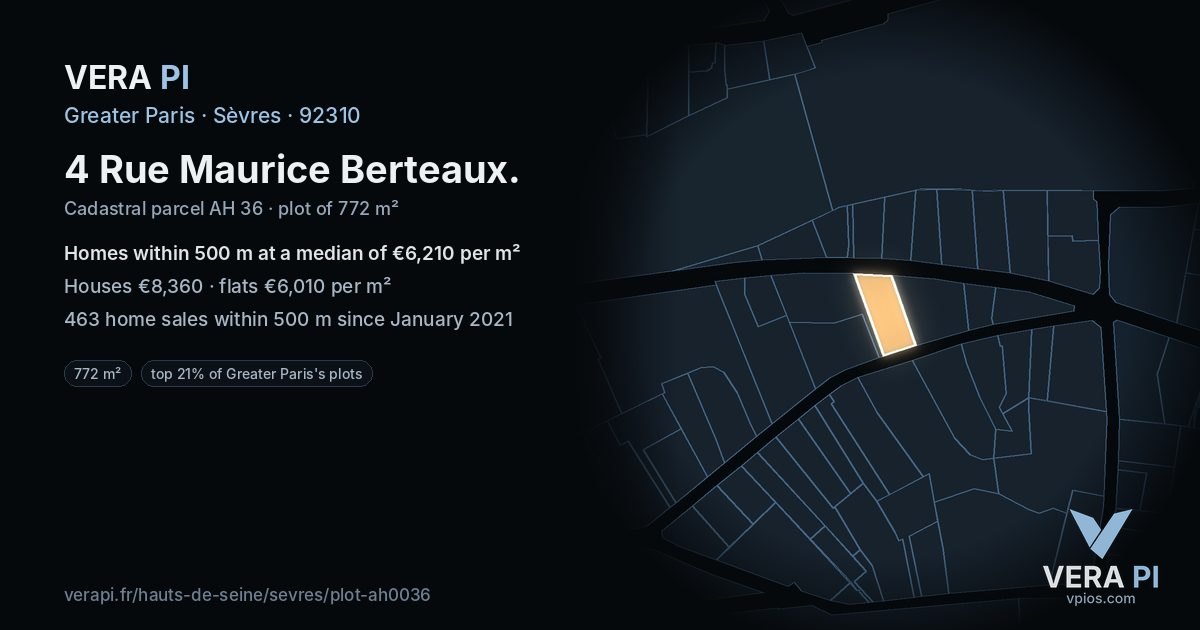 4 Rue Maurice Berteaux, Sèvres at night – the plot lit, the parcels around coloured by the prices near them