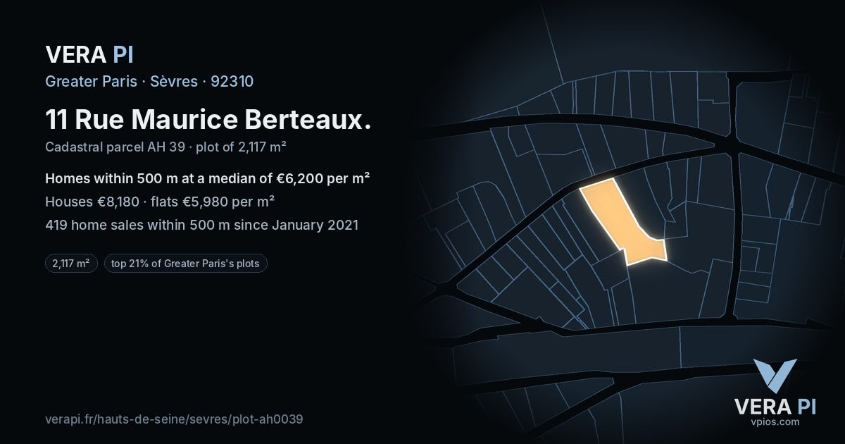 11 Rue Maurice Berteaux, Sèvres at night – the plot lit, the parcels around coloured by the prices near them