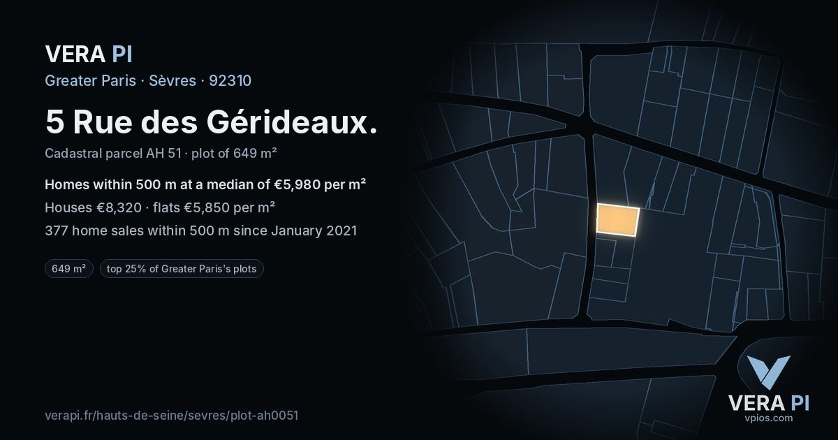 5 Rue des Gérideaux, Sèvres at night – the plot lit, the parcels around coloured by the prices near them