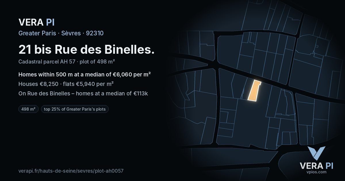 21 bis Rue des Binelles, Sèvres at night – the plot lit, the parcels around coloured by the prices near them